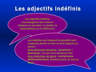 Les adjectifs indéfinis Les adjectifs indéfinis accompagnent des noms et indiquent la pluralité, la totalité, la ressemblance ou la différence. Les indéfinis qui indiquent la  pluralité  sont employés devant le nom et sont toujours au pluriel : Sans distinction de genre  :  plusieurs – quelques  ( Je suis venu plusieurs fois) Avec distinction de genre  :  certain(e)s- différentent(e)s  (Certains jours, je   suis au bout) 