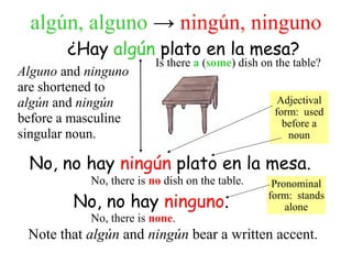 ¿Hay algún plato en la mesa?
No, no hay ningún plato en la mesa.
Is there a (some) dish on the table?
No, there is no dish on the table.
No, no hay ninguno.
No, there is none.
algún, alguno → ningún, ninguno
Alguno and ninguno
are shortened to
algún and ningún
before a masculine
singular noun.
Adjectival
form: used
before a
noun
Pronominal
form: stands
alone
Note that algún and ningún bear a written accent.
 