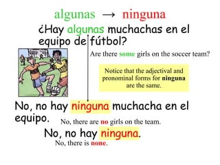 No, no hay ninguna muchacha en el
equipo.
No, no hay ninguna.
¿Hay algunas muchachas en el
equipo de fútbol?
Are there some girls on the soccer team?
No, there are no girls on the team.
No, there is none.
algunas → ninguna
Notice that the adjectival and
pronominal forms for ninguna
are the same.
 