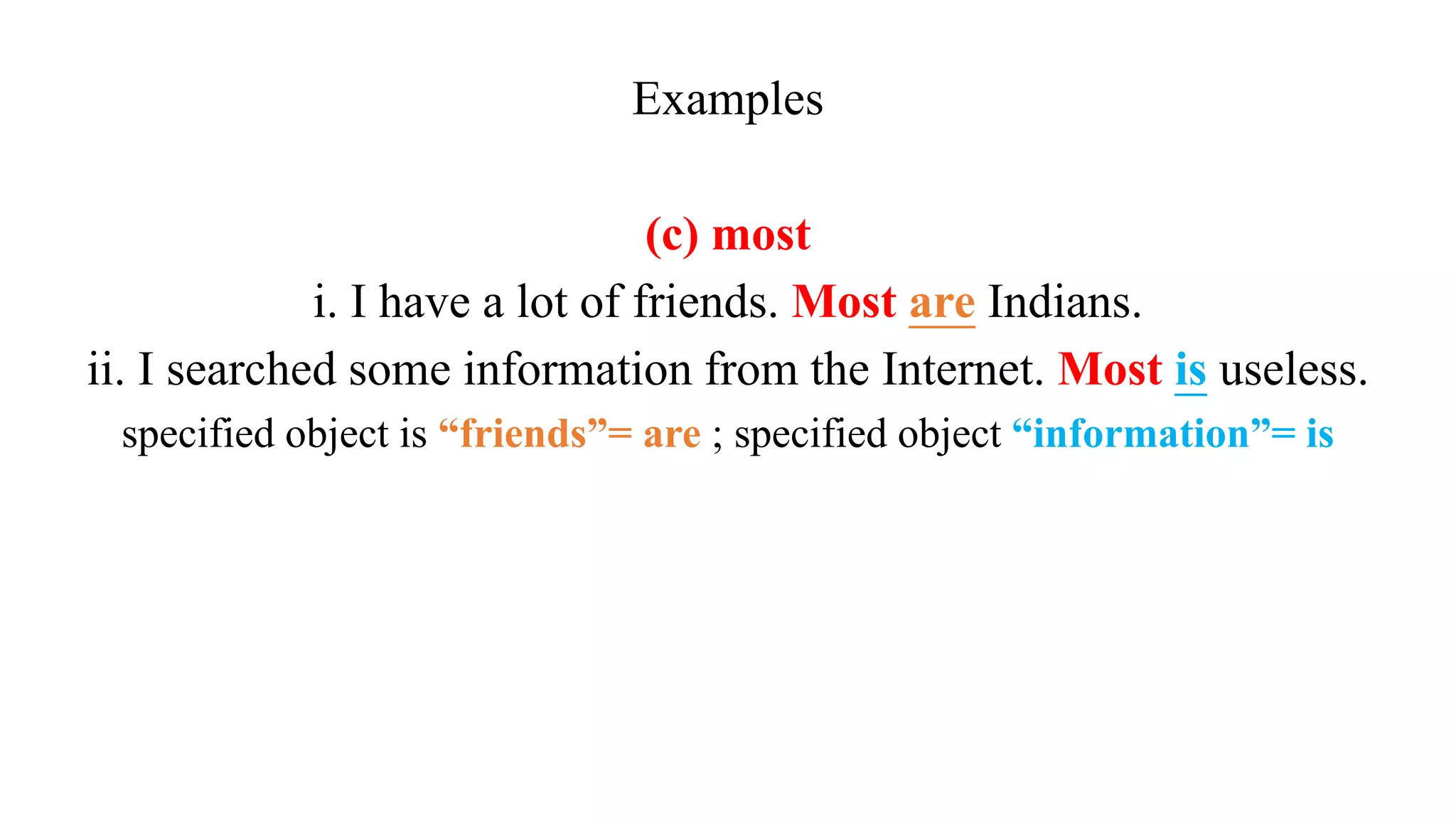Examples
(c) most
i. I have a lot of friends. Most are Indians.
ii. I searched some information from the Internet. Most is useless.
specified object is “friends”= are ; specified object “information”= is
 