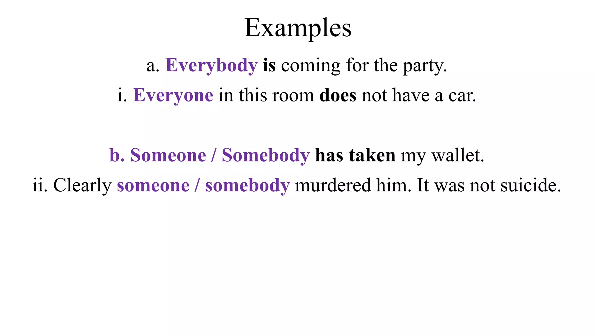 Examples
a. Everybody is coming for the party.
i. Everyone in this room does not have a car.
b. Someone / Somebody has taken my wallet.
ii. Clearly someone / somebody murdered him. It was not suicide.
 