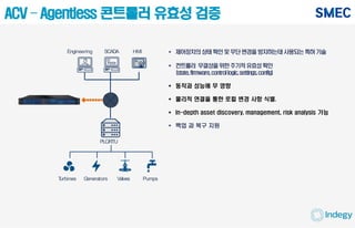 ACV – Agentless 콘트롤러 유효성 검증
 제어장치의상태확인및무단변경을방지하는데사용되는특허기술
 컨트롤러 무결성을위한주기적유효성확인
(state,firmware,controllogic,settings,config)
 동작과 성능에 무 영향
 물리적 연결을 통한 로컬 변경 사항 식별.
 In-depth asset discovery, management, risk analysis 가능
 백업 과 복구 지원
PLC/RTU
PumpsValvesTurbines Generators
HMIEngineering SCADA
 