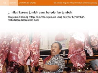 c. Inflasi karena jumlah uang beredar bertambah
Jika jumlah barang tetap, sementara jumlah uang beredar bertambah,
maka harga-harga akan naik.
10
 