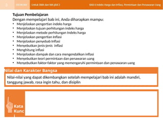 Tujuan Pembelajaran
Dengan mempelajari bab ini, Anda diharapkan mampu:
• Menjelaskan pengertian indeks harga
• Menjelaskan tujuan perhitungan indeks harga
• Menjelaskan metode perhitungan Indeks harga
• Menjelaskan pengertian Inflasi
• Menjelaskan penyebab Inflasi
• Menyebutkan jenis-jenis inflasi
• Menghitung inflasi
• Menjelaskan dampak dan cara mengendalikan inflasi
• Menyebutkan teori permintaan dan penawaran uang
• Menyebutkan faktor-faktor yang memengaruhi permintaan dan penawaran uang
3
Nilai-nilai yang dapat dikembangkan setelah mempelajari bab ini adalah mandiri,
tanggung jawab, rasa ingin tahu, dan disiplin
Nilai dan Karakter Bangsa
Kata
Kunc
i
 