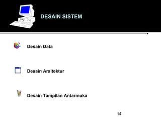 DESAIN SISTEM

Desain Data

Desain Arsitektur

Desain Tampilan Antarmuka

14

 
