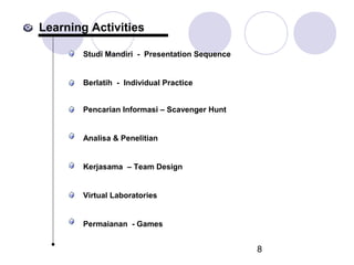 Learning Activities
Studi Mandiri - Presentation Sequence

Berlatih - Individual Practice
Pencarian Informasi – Scavenger Hunt

Analisa & Penelitian

Kerjasama – Team Design

Virtual Laboratories

Permaianan - Games

8

 