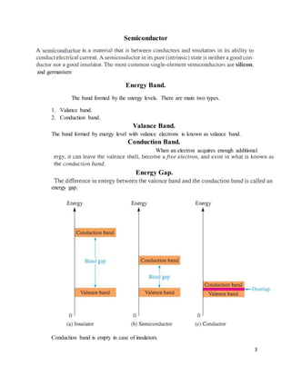 3
Semiconductor
and germanium
Energy Band.
The band formed by the energy levels. There are main two types.
1. Valance band.
2. Conduction band.
Valance Band.
The band formed by energy level with valance electrons is known as valance band.
Conduction Band.
When an electron acquires enough additional
Energy Gap.
energy gap.
Conduction band is empty in case of insulators.
 