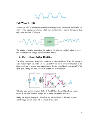 9
Full Wave Rectifier.
A full-wave rectifier allows unidirectional (one-way) current through the load during the
entire of the input cycle, whereas a half-wave rectifier allows current through the load
only during one-half of the cycle.
The number of positive alternations that make up the full-wave rectified voltage is twice
that of the half-wave voltage for the same time interval.
2. Three Phase Bridge Rectifier
The bridge rectifier uses four diodes connected as shown in Figure. When the inputcycle
is positive as in part (a), diodes D1 and D2 are forward-biased and conduct current in the
direction shown. A voltage is developed across RL that looks like the positive half of the
input cycle. During this time, diodes D3 and D4 are reverse-biased.
When the input cycle is negative diodes D 3 and D 4 are forward-biased and conduct
current in the same direction through RL as during the positive half-cycle.
During the negative half-cycle, D1 and D2 are reverse-biased. A full-wave rectified
outputvoltage appears across RL as a result of this action
 