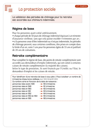 3 ÈME P A R T I E
       La protection sociale
La validation des périodes de chômage pour la retraite
est accordée aux chômeurs indemnisés.


Régime de base
Pour les personnes ayant cotisé antérieurement,
• chaque période de 50 jours de chômage indemnisé équivaut à un trimestre
d’assurance vieillesse, sans que cela puisse excéder 4 trimestres par an ;
• si la personne cesse d’être indemnisée ou n’est pas indemnisée, les périodes
de chômage peuvent, sous certaines conditions, être prises en compte dans
la limite d’un an, voire 5 ans pour les personnes âgées de 55 ans et justifiant
de 20 ans de cotisations.

Retraite complémentaire
Pour compléter le régime de base, des points de retraite complémentaire sont
accordés aux demandeurs d’emploi indemnisés, qui ont cotisé à certaines
caisses de retraite complémentaire (la majorité des caisses).
Selon le type de prestation, ils sont financés par l’Unédic ou l’Etat, le
demandeur d’emploi et les caisses de retraite.

Pour bénéficier d’une retraite de base à taux plein, il faut totaliser un nombre de
trimestres d’assurance vieillesse. (Loi n° 2010-1330 du 09/11/2010)
Ce nombre varie en fonction de la date de naissance :
personnes nées avant 1949                 160 trimestres
personnes nées en 1949                    161 trimestres
personnes nées en 1950                    162 trimestres
personnes nées en 1951                    163 trimestres
personnes nées en 1952                    164 trimestres
personnes nées en 1953 et 1954            165 trimestres
personnes nées en 1955                    166 trimestres




                                        32
 