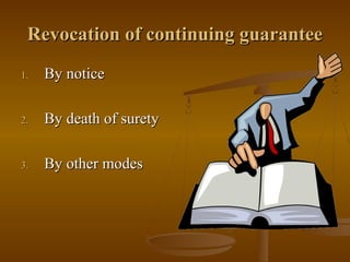 Revocation of continuing guarantee
1.   By notice

2.   By death of surety

3.   By other modes
 