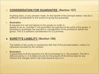  CONSIDERATION FOR GUARANTEE. (Section 127)
Anything done, or any promise made, for the benefit of the principal debtor, may be a
sufficient consideration to the surety for giving the guarantee.
 Illustration
B requests A to sell and deliver to him goods on credit. A
agrees to do so, provided C will guarantee the payment of the price of the goods. C
promises to guarantee the payment in consideration of A's promise to deliver the
goods. This is a sufficient consideration for C's promise.
 SURETY'S LIABILITY. (Section 128)
The liability of the surety is coextensive with that of the principal debtor, unless it is
otherwise provided by the contract.
 Illustration
A guarantees to B the payment of a bill of exchange by C, the acceptor. The bill is
dishonoured by C. A is liable not only for the amount of the bill but also for any
interest and charges which may have become due on it.
 