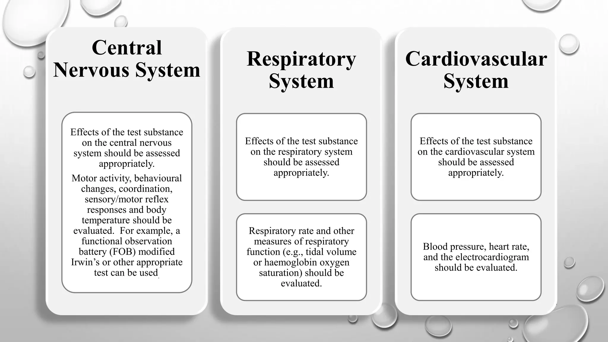 31
Central
Nervous System
Effects of the test substance
on the central nervous
system should be assessed
appropriately.
Motor activity, behavioural
changes, coordination,
sensory/motor reflex
responses and body
temperature should be
evaluated. For example, a
functional observation
battery (FOB) modified
Irwin’s or other appropriate
test can be used.
Respiratory
System
Effects of the test substance
on the respiratory system
should be assessed
appropriately.
Respiratory rate and other
measures of respiratory
function (e.g., tidal volume
or haemoglobin oxygen
saturation) should be
evaluated.
Cardiovascular
System
Effects of the test substance
on the cardiovascular system
should be assessed
appropriately.
Blood pressure, heart rate,
and the electrocardiogram
should be evaluated.
 