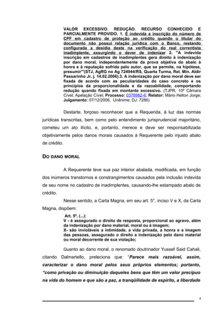 VALOR EXCESSIVO. REDUÇÃO. RECURSO CONHECIDO E 
PARCIALMENTE PROVIDO. 1. É indevida a inscrição do número de 
CPF em cadastro de proteção ao crédito quando o titular do 
documento não possui relação jurídica com o Banco, restando 
configurada a desídia deste na verificação do real correntista 
inadimplente, exsurgindo o dever de indenizar 2. "A indevida 
inscrição em cadastros de inadimplentes gera direito à indenização 
por dano moral, independentemente da prova objetiva do abalo à 
honra e à reputação sofrida pelo autor, que se permite, na hipótese, 
presumir"'(STJ, AgRG no Ag 724944/RS, Quarta Turma, Rel. Min. Aldir 
Passarinho Jr, j. 14.02.2006).3. A indenização por dano moral deve ser 
fixada de acordo com as peculiaridades do caso concreto e os 
princípios da proporcionalidade e da razoabilidade, comportando 
redução quando fixada em montante excessivo. (TJPR, 10ª Câmara 
Cível; Apelação Cível; Processo: 0378982-6; Relator: Mário Helton Jorge; 
Julgamento: 07/12/2006, Unânime; DJ: 7286) 
Destarte, forçoso reconhecer que a Requerida, à luz das normas 
jurídicas transcritas, bem como pelo entendimento jurisprudencial majoritário, 
cometeu um ato ilícito, e, portanto, merece e deve ser responsabilizada 
objetivamente pelos danos morais causados à Requerente pelo injusto abalo 
de crédito. 
DO DANO MORAL 
A Requerente teve sua paz interior abalada, modificada, em função 
dos inúmeros transtornos e constrangimentos causados pela inclusão indevida 
de seu nome no cadastro de inadimplentes, causando-lhe estampado abalo de 
crédito. 
Nesse sentido, a Carta Magna, em seu art. 5°, inciso V e X, da Carta 
Magna, dispõem: 
Art. 5º. (...): 
V - é assegurado o direito de resposta, proporcional ao agravo, além 
da indenização por dano material, moral ou à imagem; 
X- são invioláveis a intimidade, a vida privada, a honra e a imagem 
das pessoas, assegurado o direito a indenização pelo dano material 
ou moral decorrente de sua violação; 
Quanto ao dano moral, o renomado doutrinador Yussef Said Cahali, 
citando Dalmartello, preleciona que: “Parece mais razoável, assim, 
caracterizar o dano moral pelos seus próprios elementos; portanto, 
“como privação ou diminuição daqueles bens que têm um valor precípuo 
na vida do homem e que são a paz, a tranqüilidade de espírito, a liberdade 
4 
 