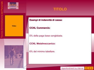 TITOLO Esempi di indennità di cassa: CCNL Commercio: 5% della paga base conglobata. CCNL Metalmeccanico: 6% del minimo tabellare. Video Approfondimenti su internet Tecnico Amministrazione del Personale 