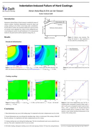 Indentation-Induced Failure of Hard Coatings

                                                            Adnan Abdul-Baqi & Erik van der Giessen
                                                                                           Koiter Institute Delft

                                                                                                                              F
Introduction




                                                                                                                                                                                                                )
                                                                                                                                                                                                                 max
                                                                                                                          O       R             r




                                                                                                                                                                                                                (τ
Indentation-induced failure of hard coatings is modelled by means of                                                 h        a                          Film (elastic)             t




                                                                                                                                                                                                                 max
                                                                                                                                                                                                                                    normal




                                                                                                                                                                                                            σ
cohesive surfaces. Interfacial delamination (normal & shear) and                                                                                                Interface
coating cracking are the failure events being under consideration.                                                    z                                                                                                         shear




                                                                                                     Symmetry axis
For the cohesive surface, the constitutive behaviour is given in terms                                                                 Substrate (elastic-plastic)                                                                            ∆ (∆ )
                                                                                                                                                                                                                                               n       t
of a traction versus separation law, where we have adopted the uni-
versal binding law used by Xu and Needleman [1]. It is characterized
mainly by the peak traction and the separation energy (Fig. 2).


Results                                                                                                                   Figure 1. Geometry.                                                    Figure 2. Cohesive zone tractions. The
                                                                                                                                                                                                 energy for normal or shear separation is
                                                                                                                                                                                                 the area under the corresponding curve.
  Interfacial delamination:

           0                                           σe/σy                  0                                                                                                             1
                                                                                                                                                     σzz/σmax
                                                                 1.40                                                                                           1.00
                                                                 1.20                                                                                                                              shear delamination
                                                                                                                                                                0.75                       0.8     normal delamination
                                                                 1.00                                                                                           0.50
    50                                                           0.80      20
                                                                                                                                                                0.25
                                                                 0.60                                                                                                                      0.6




                                                                                                                                                                                  F/Fmax
                                                                                                                                                                 0.00
                                                                         z (µm)
  z (µm)




                                                                 0.40                                                                                           -0.25
                                                                 0.20                                                                                           -0.50                      0.4
  100                                                                      40

                                                                                                                                                                                           0.2


                                                                                                                                                         (b)                                0
  150                                                      (a)             60                                                                                                                0            0.5              1            1.5                 2
               0           50             100        150                          0             20                                40            60                                                                        h/t
                                r (µm)                                                                               r (µm)
  Figure 3. (a) Shear delamination . t = 5 µm, τ max = 1.2 GPa . Arrows show the shear direction, line                                                                            Figure 4. Load versus displacement (F-h) curves for
  shows the location of the delaminated area. (b) Normal delamination. t = 2.5 µm, σ max = 1.5 GPa .                                                                              Fig. 3.




   Coating cracking:

               0                                                                   0
                                                          σrr/σmax                                                                                       σrr/σmax                    1
                                                                                                                                                                                                                                                   e
                                                                 2.00                                                                                            2.00
                                                                 1.56                                                                                            1.56                                                                   d
               5
                                                                                                                                                                                  0.8
                                                                 1.11              5                                                                             1.11
                                                                  0.67                                                                                           0.67
                                                                  0.22                                                                                           0.22             0.6
                                                                                                                                                                         F/Fmax
   z (µm)




                                                                         z (µm)




            10                                                   -0.22            10                                                                            -0.22                                                  b c
                                                                 -0.67                                                                                          -0.67             0.4
                                                                 -1.11                                                                                          -1.11
                                                                                                                                                                                                      a
            15                                                   -1.56            15                                                                            -1.56
                                                                 -2.00                                                                                          -2.00             0.2


            20                                             (a)                    20                                                                      (b)                        0
                   0   5           10           15   20                                0    5                              10          15           20                                0                    0.5                  1                          1.5
                                 r (µm)                                                                                  r (µm)                                                                                         h/t
  Figure 5. Coating cracking. t = 2 µm, σ max = 11 GPa . (a) First crack at r 1 = 7.0 µm . (b) Second                                                                    Figure 6. Load versus displacement curve for Fig. 5.
  crack at r 2 = 9.4 µm .                                                                                                                                                Labelled points correspond to speciﬁc failure types. a
                                                                                                                                                                         and b on the curve correspond to mode I cracks at loca-
                                                                                                                                                                         tions r 1 and r 2 , respectively. At c the ﬁrst crack grows
Conclusions                                                                                                                                                              until the interface and at d it shears of f. Point e corre-
                                                                                                                                                                         sponds to some limited interfacial delamination in the
1. Shear delamination may occur in the loading stage. It is imprinted on the load vs displacement curve by a kink.                                                       vicinity of the coating cracks.

2. Normal delamination may occur during the unloading stage, where a circular part of the coating is lifted off
from the substrate. It is imprinted on the load vs displacement curve by a hump.

3. Coating cracking may occur during the loading stage. The ﬁrst circumferential crack occurs outside the con-
tact area. The crack is imprinted on the F-h curve as a kink.

4. On further loading, subsequent cracking occurs with crack spacing of about 1.25 times the coating thickness.                                                         [1] X.-P. Xu, A. Needleman, Model. Simul. Mater. Sci. Eng. 1 (1993) 111.
 