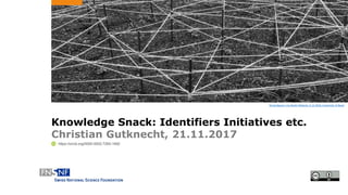 -
Knowledge Snack: Identifiers Initiatives etc.
Christian Gutknecht, 21.11.2017
String figures 1 by Boehi Melanie, 6.12.2016, University of Basel
https://orcid.org/0000-0002-7265-1692
 