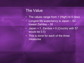 The ValueThe values range from 1 (High) to 0 (low)Longest life expectancy is Japan – 82 lowest Zambia – 32Japan = 1, Zambia = 0 (Country with 57 would be 0.5)This is done for each of the three measures