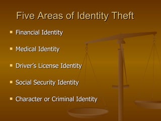 Five Areas of Identity Theft Financial Identity  Medical Identity Driver’s License Identity Social Security Identity Character or Criminal Identity 
