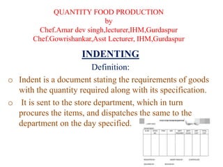 QUANTITY FOOD PRODUCTION
by
Chef.Amar dev singh,lecturer,IHM,Gurdaspur
Chef.Gowrishankar,Asst Lecturer, IHM,Gurdaspur
INDENTING
Definition:
o Indent is a document stating the requirements of goods
with the quantity required along with its specification.
o It is sent to the store department, which in turn
procures the items, and dispatches the same to the
department on the day specified.
 