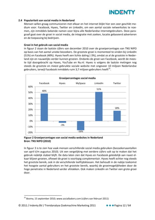 2.4 Populariteit van social media in Nederland
    Mensen willen graag communiceren met elkaar en het internet blijkt hier een zeer geschikt me-
    dium voor. Facebook, Hyves, Twitter en LinkedIn, om een aantal sociale netwerksites te noe-
    men, zijn inmiddels bekende namen voor bijna alle Nederlandse internetgebruikers. Deze para-
    graaf gaat over de groei in social media, de integratie met zoeken, locatie gebaseerd adverteren
    en de toepassing bij bedrijven.

    Groei in het gebruik van social media
    In figuur 2 staan de laatste cijfers van december 2010 over de groeipercentages van TNS NIPO
    op basis van het aantal unieke bezoekers. De grootste groei is momenteel te vinden bij LinkedIn
    (51%) en Facebook (48%). Hyves heeft een lichte daling (-3%), omdat ze al de grootste in Neder-
    land zijn en nauwelijks verder kunnen groeien. Ondanks de groei van Facebook, wordt de mees-
    te tijd doorgebracht op Hyves, YouTube en Nu.nl. Hyves is volgens de laatste metingen nog
    steeds de grootste en meest gebruikte sociale website met ongeveer 10 miljoen Nederlandse
    gebruikers, terwijl Facebook inmiddels ruim 3,7 miljoen gebruikers heeft 25.

                                      Groeipercentages social media
                    Facebook          Hyves          MySpace          LinkedIn        Twitter
          60%
                                                                        51%
                       48%
          50%

          40%

          30%
                                                                                       18%
          20%

          10%

           0%
                                       -3%
          -10%

          -20%                                         -16%

    Figuur 2 Groeipercentages van social media websites in Nederland
    Bron: TNS NIPO (2010)

    In figuur 3 is te zien hoe vaak mensen verschillende social media gebruiken (bezoekersaantallen
    van april t/m augustus 2010). Uit een vergelijking met eerdere cijfers valt op te maken dat het
    gebruik redelijk stabiel blijft. De data laten zien dat Hyves en Facebook geleidelijk aan naast el-
    kaar blijven groeien, oftewel de groei is voorlopig complementair. Hyves heeft echter nog steeds
    het grootste bereik, ook in de verschillende leeftijdsklassen. Het behoudt in de nabije toekomst
    het hoogste aantal gebruikers en het grootste bereik, waarbij de groeimogelijkheden door de
    hoge penetratie in Nederland verder afvlakken. Ook maken LinkedIn en Twitter een grote groei
    door.




    25
         Bosma, 15 september 2010; www.socialbakers.com (cijfers van februari 2011)

© 2011 / Indenty BV / Trendanalyse Zoekmachine Marketing 2011                    Pagina 12 / 64
 