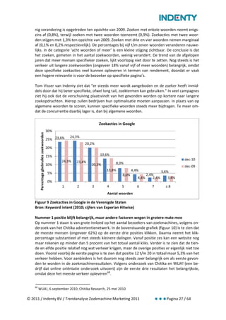 nig verandering is opgetreden ten opzichte van 2009. Zoeken met enkele woorden neemt enigs-
    zins af (0,8%), terwijl zoeken met twee woorden toeneemt (0,9%). Zoekacties met twee woor-
    den stijgen met 1,3% ten opzichte van 2009. Zoeken met drie en vier woorden nemen marginaal
    af (0,1% en 0,2% respectievelijk). De percentages bij vijf t/m zeven woorden veranderen nauwe-
    lijks. In de categorie ‘acht woorden of meer’ is een kleine stijging zichtbaar. De conclusie is dat
    het zoeken, gemeten in het aantal zoekwoorden, weinig verandert. De trend van de afgelopen
    jaren dat meer mensen specifieker zoeken, lijkt voorlopig niet door te zetten. Nog steeds is het
    verkeer uit langere zoekwoorden (ongeveer 18% vanaf vijf of meer woorden) belangrijk, omdat
    deze specifieke zoekacties veel kunnen opleveren in termen van rendement, doordat er vaak
    een hogere relevantie is voor de bezoeker op specifieke pagina’s.

    Tom Visser van Indenty ziet dat “er steeds meer wordt aangeboden en de zoeker heeft inmid-
    dels door dat hij beter specifieke, ofwel long tail, zoektermen kan gebruiken.” In veel campagnes
    ziet hij ook dat de verschuiving plaatsvindt van het gevonden worden op kortere naar langere
    zoekopdrachten. Hierop zullen bedrijven hun optimalisatie moeten aanpassen. In plaats van op
    algemene woorden te scoren, kunnen specifieke woorden steeds meer bijdragen. Te meer om-
    dat de concurrentie daarbij lager is, dan bij algemene woorden.

                                                                          Zoekacties in Google
                                              30%
          Perecntage gbebruikte zoekwoorden




                                                          24,3%
                                              25% 23,6%
                                                                  20,2%
                                              20%

                                              15%                         13,6%
                                                     24,3%                                                                      dec-10
                                                             23,4%                 8,0%
                                              10%                    20,3%                                                      dec-09
                                                                              13,8%           4,4%                 3,6%
                                              5%                                       8,0%             2,4%
                                                                                                 4,4%       2,4%      3,4%
                                              0%
                                                     1       2       3        4       5          6         7
                                                                              Aantal woorden

    Figuur 9 Zoekacties in Google in de Verenigde Staten
    Bron: Keyword intent (2010; cijfers van Experian Hitwise)

    Nummer 1 positie blijft belangrijk, maar andere factoren wegen in grotere mate mee
    Op nummer 1 staan is van grote invloed op het aantal bezoekers van zoekmachines, volgens on-
    derzoek van het Chitika advertentienetwerk. In de bovenstaande grafiek (figuur 10) is te zien dat
    de meeste mensen (ongeveer 62%) op de eerste drie posities klikken. Daarna neemt het klik-
    percentage substantieel af met steeds kleinere dalingen. Vanaf positie zes kan een website nog
    maar rekenen op minder dan 5 procent van het totaal aantal kliks. Verder is te zien dat de tien-
    de en elfde positie relatief nog wat verkeer krijgen, maar de overige posities er eigenlijk niet toe
    doen. Vooral voorbij de eerste pagina is te zien dat positie 12 t/m 20 in totaal maar 5,3% van het
    verkeer hebben. Voor aanbieders is het daarom nog steeds zeer belangrijk om als eerste gevon-
    den te worden in de zoekmachineresultaten. Volgens onderzoek van Chitika en WUA! (een be-
    drijf dat online oriëntatie onderzoek uitvoert) zijn de eerste drie resultaten het belangrijkste,
    omdat deze het meeste verkeer opleveren 68.


    68
         WUA!, 6 september 2010; Chitika Research, 25 mei 2010

© 2011 / Indenty BV / Trendanalyse Zoekmachine Marketing 2011                                                         Pagina 27 / 64
 