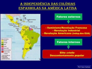 A independência das colônias espanholas na américa latinaFatores externos- Iluminismo/Revolução Francesa- Revolução Industrial- Revolução Americana (indep.dos EUA)Fatores internosElite criollaDescontentamento popularProf. Caco Cardozo
