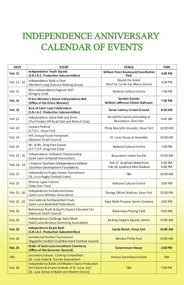 Saint Lucia's 38th Independence Anniversary Calendar of Events