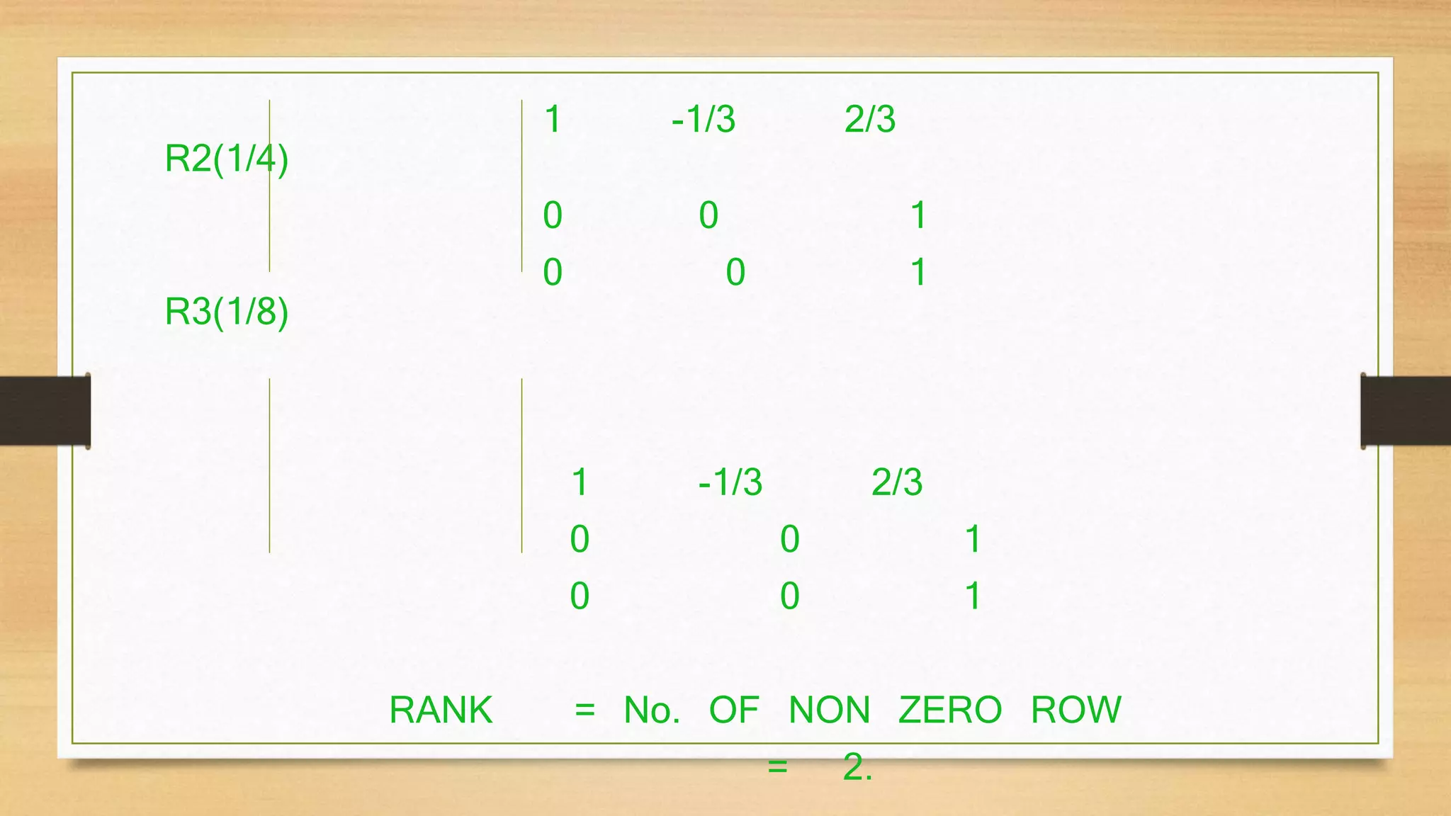 1 -1/3 2/3 
R2(1/4) 
0 0 1 
0 0 1 
R3(1/8) 
1 -1/3 2/3 
0 0 1 
0 0 1 
RANK = No. OF NON ZERO ROW 
= 2. 
 