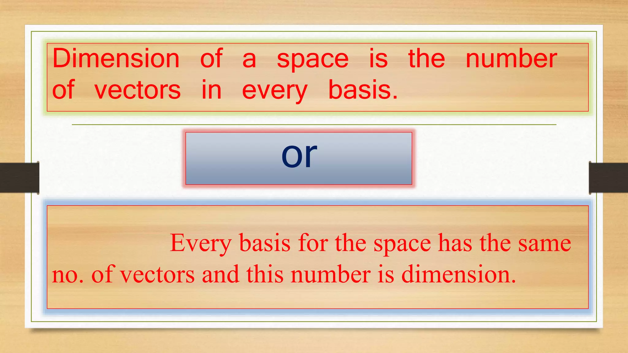 Dimension of a space is the number 
of vectors in every basis. 
or 
Every basis for the space has the same 
no. of vectors and this number is dimension. 
 