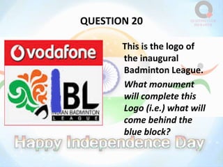 QUESTION 20
This is the logo of
the inaugural
Badminton League.
What monument
will complete this
Logo (i.e.) what will
come behind the
blue block?
 