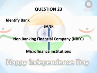 QUESTION 23
Identify Bank
BANK
Non Banking Financial Company (NBFC)
Microfinance institutions
 