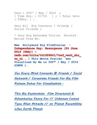 Newer UpDates @ Date : 025th / May /
2016 ;
[ New Time Hrs. : 0645am ] ; [ Total
Sets : 08Nos. ] .
Dear All Big Concerns / Friends /
Social Friends ;
* Very Big Extended Trailer Related
Review From Me.
 