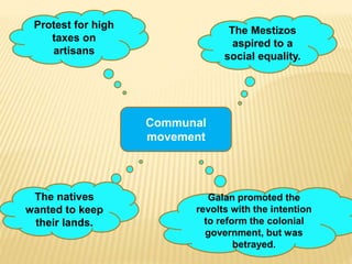 Communal
movement
Protest for high
taxes on
artisans
The Mestizos
aspired to a
social equality.
The natives
wanted to keep
their lands.
Galan promoted the
revolts with the intention
to reform the colonial
government, but was
betrayed.