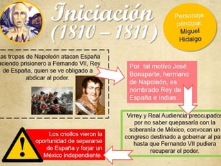 Iniciación
(1810 – 1811)
•Las tropas de Napoleón atacan España
haciendo prisionero a Fernando VII, Rey
de España, quien se ve obligado a
abdicar al poder.
Por tal motivo José
Bonaparte, hermano
de Napoleón, es
nombrado Rey de
España e Indias.
Virrey y Real Audiencia preocupados
por no saber quepasaría con la
soberanía de México, convocan un
congreso destinado a gobernar al país
hasta que Fernando VII pudiera
recuperar el poder.
Los criollos vieron la
oportunidad de separarse
de España y forjar un
México independiente.
 