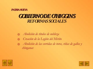 GOBIERNO DE O’HIGGINS REFORMAS SOCIALES Abolición de títulos de nobleza Creación de la Legión del Mérito Abolición de las corridas de toros, riñas de gallos y chinganas PATRIA NUEVA 