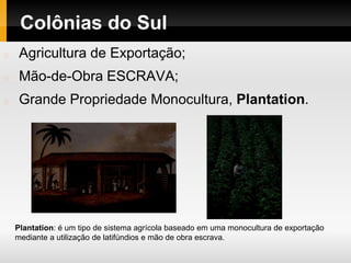 Colônias do Sul
Agricultura de Exportação;
Mão-de-Obra ESCRAVA;
Grande Propriedade Monocultura, Plantation.
Plantation: é um tipo de sistema agrícola baseado em uma monocultura de exportação
mediante a utilização de latifúndios e mão de obra escrava.
 