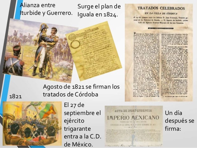 Alianza entre
Iturbide y Guerrero.
Surge el plan de
Iguala en 1824.
Agosto de 1821 se firman los
tratados de Córdoba ...