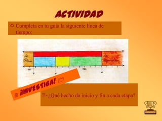 ACTIVIDAD
 Completa en tu guía la siguiente línea de
  tiempo:




              ¿Qué hecho da inicio y fin a cada etapa?
 