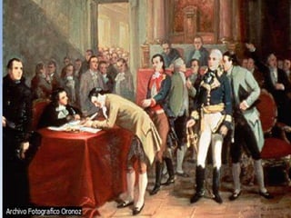 La independencia de VenezuelaEn abril de 1810, se inició la revolución independentista venezolana. El primer Congreso, que se formó en marzo de 1811, firmó el acta de independencia de Venezuela el 5 de julio de ese año. El principal protagonista de estos hechos fue Francisco de Miranda, que dirigía la Sociedad Patriótica. En este cuadro del pintor venezolano Martín Tovar puedes ver una recreación de aquel histórico momento (Miranda es el que viste calzón blanco y lleva sable).Archivo Fotografico OronozMicrosoft ® Encarta ® 2009. © 1993--2008 Microsoft Corporation. Reservados todos los derechos.