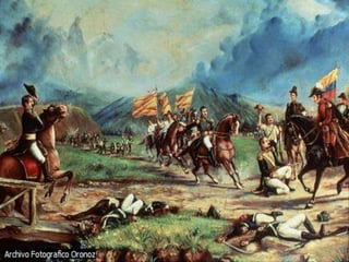 La batalla de BoyacáEl 7 de agosto de 1819 tuvo lugar uno de los combates más decisivos de la independencia de América Latina: la batalla de Boyacá. En ella, las tropas de Simón Bolívar derrotaron a los ejércitos españoles en el noreste de Colombia.Archivo Fotografico OronozMicrosoft ® Encarta ® 2009. © 1993--2008 Microsoft Corporation. Reservados todos los derechos.