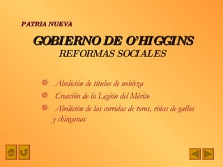 GOBIERNO DE O’HIGGINS REFORMAS SOCIALES Abolición de títulos de nobleza Creación de la Legión del Mérito Abolición de las corridas de toros, riñas de gallos y chinganas PATRIA NUEVA 
