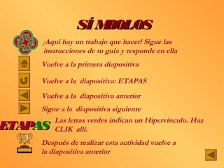 SÍ MBOLOS
     ¡Aquí hay un trabajo que hacer! Sigue las
     instrucciones de tu guía y responde en ella
    Vuelve a la primera diapositiva

    Vuelve a la diapositiva: ETAPAS
    Vuelve a la diapositiva anterior
    Sigue a la diapositiva siguiente
        Las letras verdes indican un Hipervínculo. Haz
ETAPAS  CLIK allí.
    Después de realizar esta actividad vuelve a
    la diapositiva anterior
 