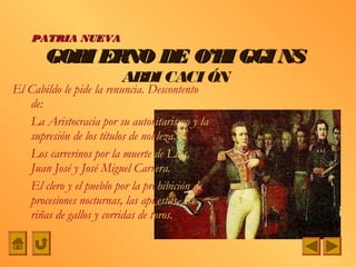 PATRIA NUEVA

       GOBI ERNO DE O’H GGI NS
                       I
                         ABDI CACI ÓN
El Cabildo le pide la renuncia. Descontento
   de:
   La Aristocracia por su autoritarismo y la
   supresión de los títulos de nobleza.
   Los carrerinos por la muerte de Luis,
   Juan José y José Miguel Carrera.
   El clero y el pueblo por la prohibición de
   procesiones nocturnas, las apuestas, las
   riñas de gallos y corridas de toros.
 