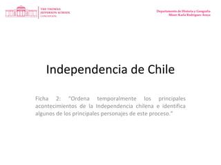 Independencia de Chile Ficha 2: “Ordena temporalmente los principales acontecimientos de la Independencia chilena e identifica algunos de los principales personajes de este proceso.” Departamento de Historia y Geografía Missr: Karla Rodríguez Araya 