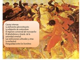 Causas internas:
La deficiente administración
La relajación de costumbres
El régimen comercial del monopolio
El absolutismo y tiranía de la
autoridad virreinal
Las restricciones culturales y otras
La esclavitud
Desigualdad entre los hombres
 
