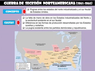guerra de secesión norteamericana (1861-1865)
                Pugnas entre los estados del norte industrializado y el sur feudal
concepto         de Estados Unidos.

            La falta de mano de obra en los Estados industrializados del Norte y
             la esclavitud existente en el sur feudal.
causas      Diferencia en las formas de producción desarrolladas por los Estados
             sureños y norteños.
            La pugna existente entre los partidos demócratas y republicanos.
 