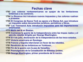 Fechas clave 1763  Los colonos norteamericanos se quejan de las limitaciones británicas a su comercio.  1764  La Revenue Act introduce nuevos impuestos y los colonos vuelven a protestar.  1765  El Congreso de Nueva York se opone a la Stamp Act, que introduce un impuesto sobre documentos jurídicos, periódicos y libros.  1767  Las Townsend Acts introducen impuestos para las importaciones americanas.  1773  Motín del té en Boston.  1775  Comienza la guerra de la Independencia entre las tropas reales y el ejército rebelde dirigido por George Washington.  1776  El 4 de julio, declaración de la independencia de los trece estados.  1777  Victoria americana en Saratoga.  1778  Francia y España intervienen en favor de los rebeldes.  1781  Rendición de los británicos en Yorktown.  1783  Fin de la guerra con la paz de Versalles.  1787  Promulgación de la Constitución de Estados Unidos.  1789  George Washington, primer presidente de la nación. 