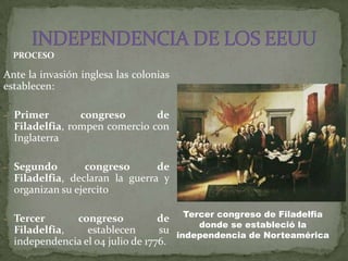 PROCESO

Ante la invasión inglesa las colonias
establecen:

- Primer        congreso       de
  Filadelfia, rompen comercio con
  Inglaterra

- Segundo        congreso       de
  Filadelfia, declaran la guerra y
  organizan su ejercito

- Tercer      congreso            de Tercer congreso de Filadelfia
                                         donde se estableció la
  Filadelfia,    establecen       su independencia de Norteamérica
  independencia el o4 julio de 1776.
 
