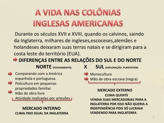 Durante os séculos XVII e XVIII, quando os calvinos, saindo
da Inglaterra, milhares de ingleses,escoceses,alemães e
holandeses deixaram suas terras natais e se dirigiram para a
costa leste do território (EUA).
  DIFERENÇAS ENTRE AS RELAÇÕES DO SUL E DO NORTE
           NORTE (POVOAMENTO)    X    SUL (EXPLORAÇÃO- PLANTATION)
Comparando com a América             Monocultura
espanhola e portuguesa.              Mão de obra escrava (negra)
Policultura em pequenas
propriedades familiar.                   MERCADO EXTERNO
Mão de obra livre                            CLIMA QUENTE
Atividade realizadas por artesões.   VENDIA SUAS MERCADORIAS PARA A
                                     INGLATERRA POR ISSO NÃO QUERIA A
    MERCADO INTERNO                  INDEPENDÊNCIA POIS SÓ LUCRAVA
CLIMA FRIO IGUAL DA INGLATERRA       VENDENDO PARA INGLATERRA
                                                                        5
 