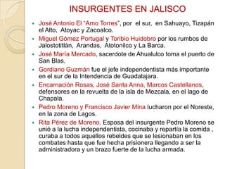 INSURGENTES EN JALISCO









José Antonio El “Amo Torres”, por el sur, en Sahuayo, Tizapán
el Alto, Atoyac y Zacoalco.
Miguel Gómez Portugal y Toribio Huidobro por los rumbos de
Jalostotitlán, Arandas, Atotonilco y La Barca.
José María Mercado, sacerdote de Ahualulco toma el puerto de
San Blas.
Gordiano Guzmán fue el jefe independentista más importante
en el sur de la Intendencia de Guadalajara.
Encarnación Rosas, José Santa Anna, Marcos Castellanos,
defensores en la revuelta de la isla de Mezcala, en el lago de
Chapala.
Pedro Moreno y Francisco Javier Mina lucharon por el Noreste,
en la zona de Lagos.
Rita Pérez de Moreno. Esposa del insurgente Pedro Moreno se
unió a la lucha independentista, cocinaba y repartía la comida ,
curaba a todos aquellos rebeldes que se lesionaban en los
combates hasta que fue hecha prisionera llegando a ser la
administradora y un brazo fuerte de la lucha armada.

 